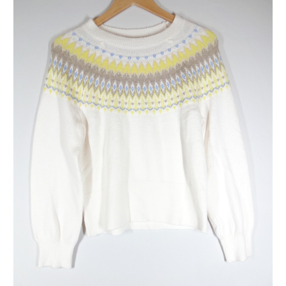 Loft Fair Isle Sweater Womens Small White Yellow Blue Knit Pullover Nordic Cozy